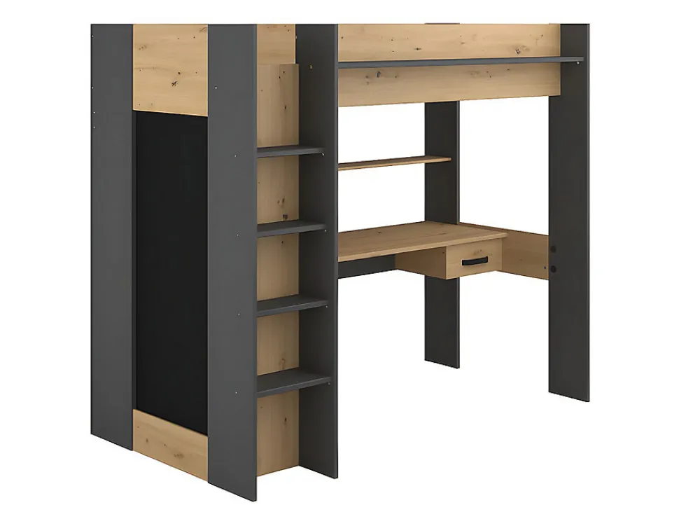 Lit mezzanine avec bureau et armoire - 90 x 200 cm - Coloris : Chêne et anthracite + matelas - AUCKLAND>Vente-unique Outlet