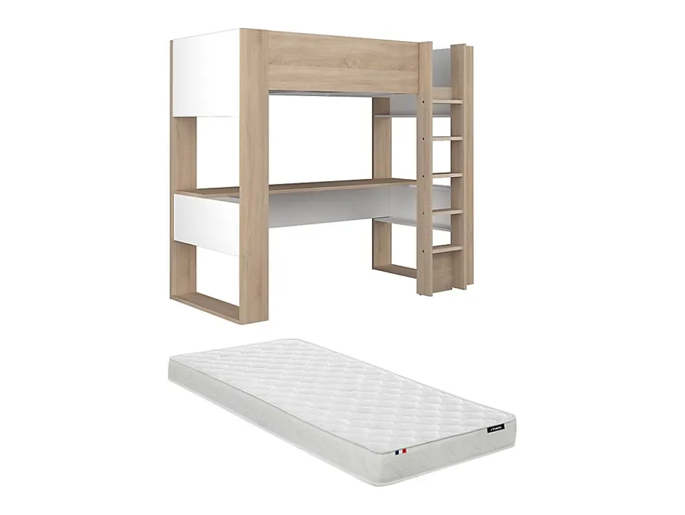 Vente-unique Lit mezzanine avec bureau et rangements intégrés - 90 x 200 cm - Chêne et blanc + matelas - NOAH II* Lit Mezzanine