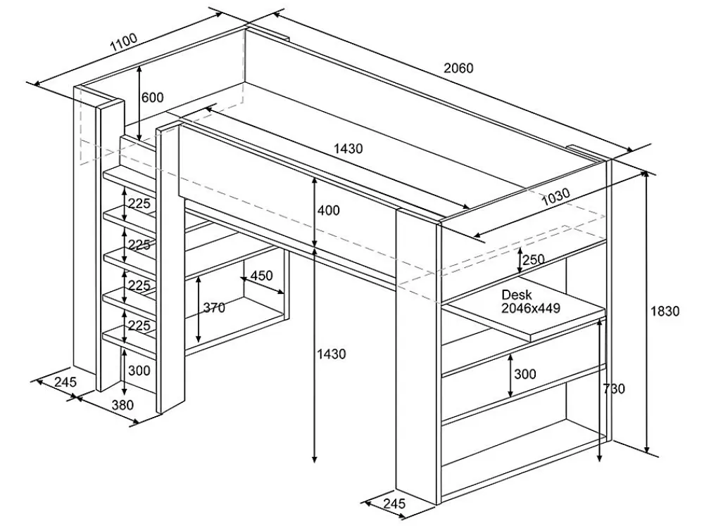 Vente-unique Lit mezzanine avec bureau et rangements intégrés - 90 x 200 cm - Chêne et blanc + matelas - NOAH II* Lit Mezzanine
