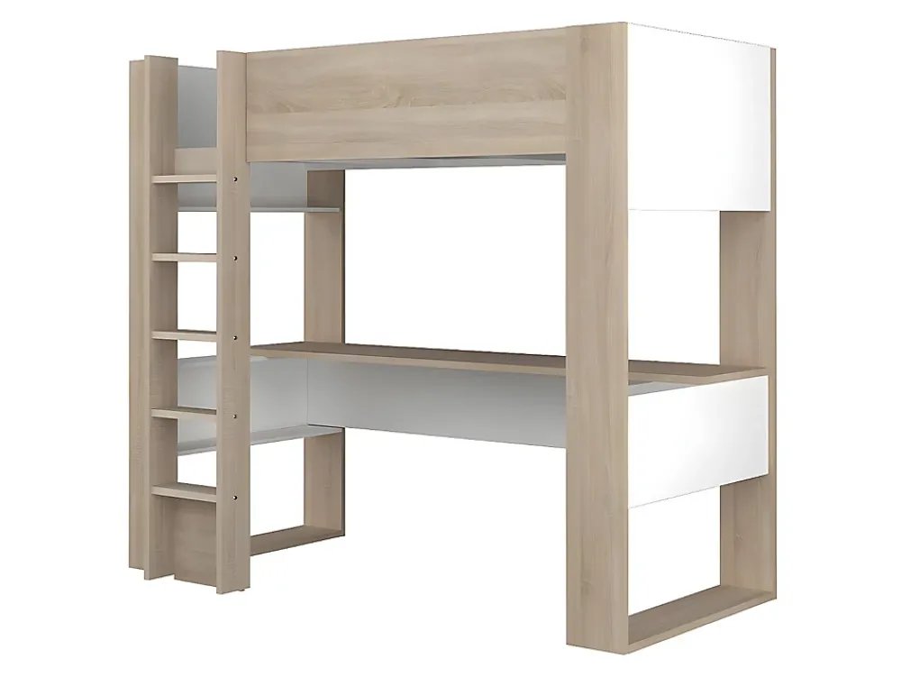 Vente-unique Lit mezzanine avec bureau et rangements intégrés - 90 x 200 cm - Chêne et blanc + matelas - NOAH II* Lit Mezzanine