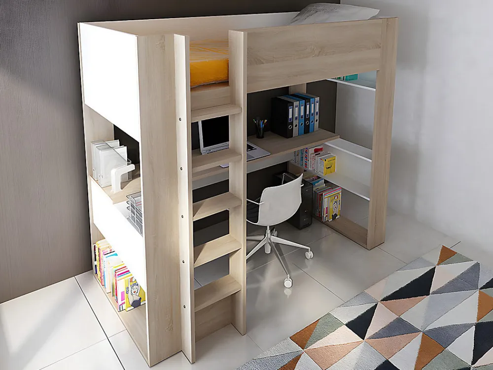 Vente-unique Lit mezzanine avec bureau et rangements intégrés - 90 x 200 cm - Chêne et blanc + matelas - NOAH II* Lit Mezzanine