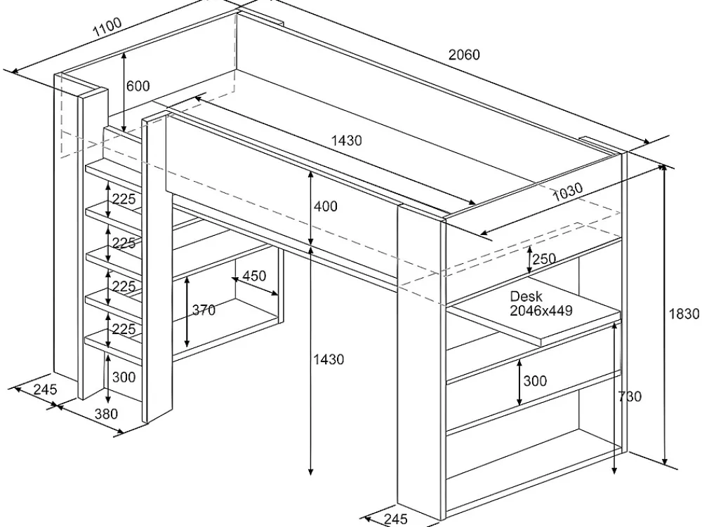 Vente-unique Lit mezzanine avec bureau et rangements intégrés - 90 x 200 cm - Chêne et blanc + matelas - NOAH II* Lit Mezzanine