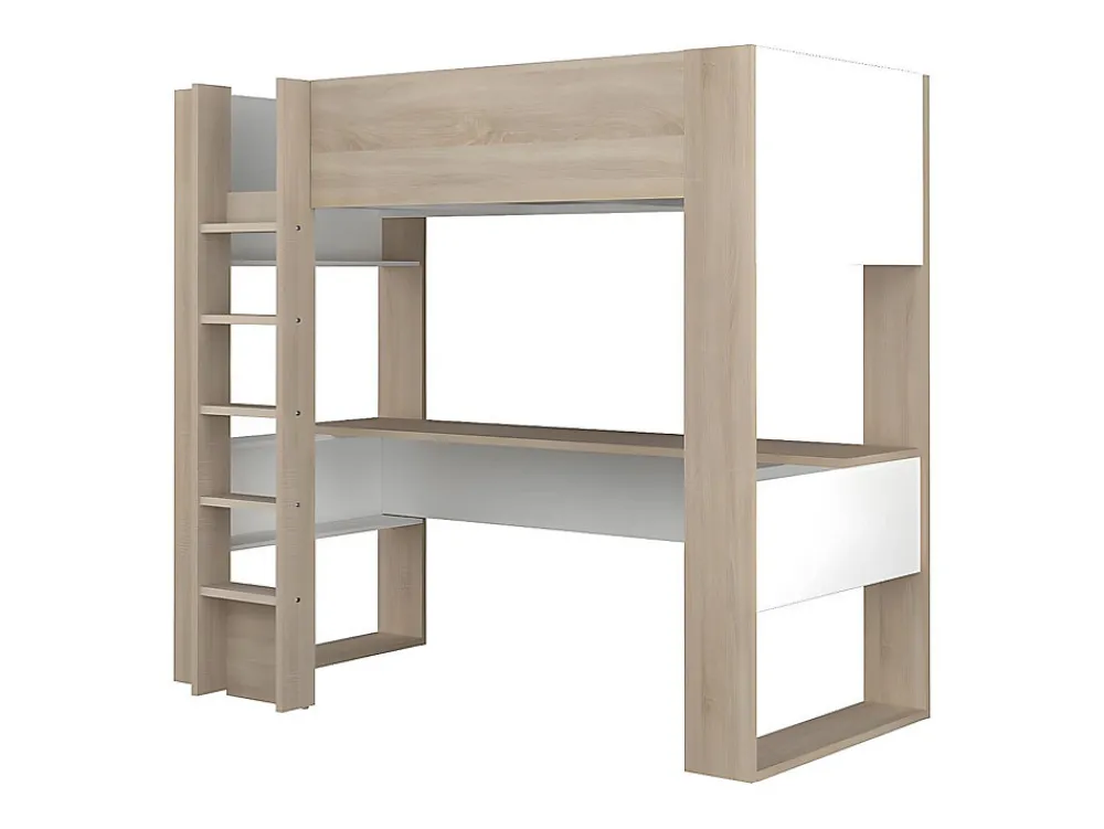 Lit mezzanine avec bureau et rangements intégrés - 90 x 200 cm - Chêne et blanc - NOAH II>Vente-unique Best