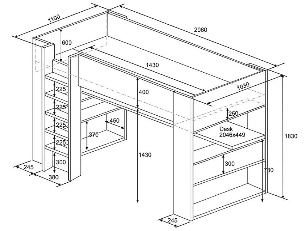 Lit mezzanine avec bureau et rangements intégrés - 90 x 200 cm - Chêne et blanc - NOAH II>Vente-unique Best