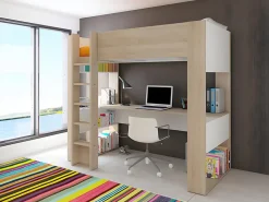 Lit mezzanine avec bureau et rangements intégrés - 90 x 200 cm - Chêne et blanc - NOAH II><noscript><img width=