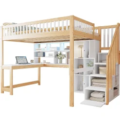 Blackcolors Lit mezzanine avec éclairage LED,140x200cm,blanc et naturel, échelle, étagères, bureau*Enfant Lit Enfant