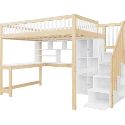 Blackcolors Lit mezzanine avec éclairage LED,140x200cm,blanc et naturel, échelle, étagères, bureau*Enfant Lit Enfant