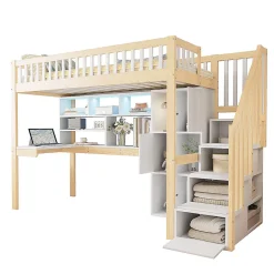Lit mezzanine avec éclairage LED et bureau,90x200cm,blanc et naturel,échelle et étagères de rangement>Blackcolors New