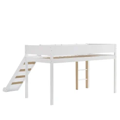 Simple Life Lit mezzanine avec toboggan, échelle droite à 3 marches, étagère amovible, MDF et pin, blanc naturel, 90x200cm*Enfant Lit Enfant
