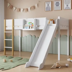 Simple Life Lit mezzanine avec toboggan, échelle droite à 3 marches, étagère amovible, MDF et pin, blanc naturel, 90x200cm*Enfant Lit Enfant