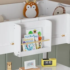 Simple Life Lit mezzanine avec toboggan, échelle droite à 3 marches, étagère amovible, MDF et pin, blanc naturel, 90x200cm*Enfant Lit Enfant
