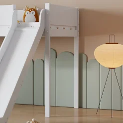Simple Life Lit mezzanine avec toboggan, échelle droite à 3 marches, étagère amovible, MDF et pin, blanc naturel, 90x200cm*Enfant Lit Enfant