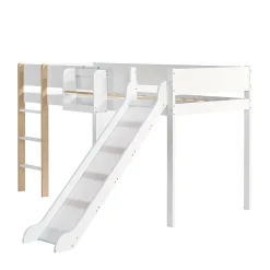 Simple Life Lit mezzanine avec toboggan, échelle droite à 3 marches, étagère amovible, MDF et pin, blanc naturel, 90x200cm*Enfant Lit Enfant
