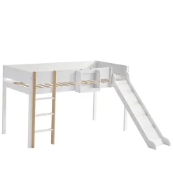Simple Life Lit mezzanine avec toboggan, échelle droite à 3 marches, étagère amovible, MDF et pin, blanc naturel, 90x200cm*Enfant Lit Enfant