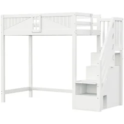 Redom Lit mezzanine bois massif 90 par 200 cm porte securite fenetre escalier interchangeable gauche droite blanc* Lit Avec Rangement