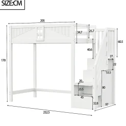 Redom Lit mezzanine bois massif 90 par 200 cm porte securite fenetre escalier interchangeable gauche droite blanc* Lit Avec Rangement