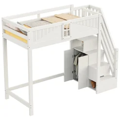 Redom Lit mezzanine bois massif 90 par 200 cm porte securite fenetre escalier interchangeable gauche droite blanc* Lit Avec Rangement