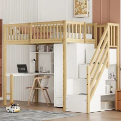 Lit Mezzanine Bois 90x200 cm avec Armoire, Bureau et Escalier de Rangement, Lit Multifonction Blanc - Bois Naturel>Okwish Best