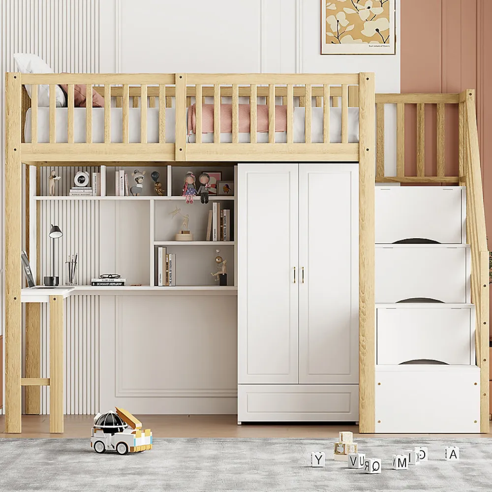 Lit Mezzanine Bois 90x200 cm avec Armoire, Bureau et Escalier de Rangement, Lit Multifonction Blanc - Bois Naturel>Okwish Best