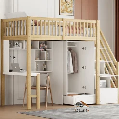 Lit Mezzanine Bois 90x200 cm avec Armoire, Bureau et Escalier de Rangement, Lit Multifonction Blanc - Bois Naturel><noscript><img width=