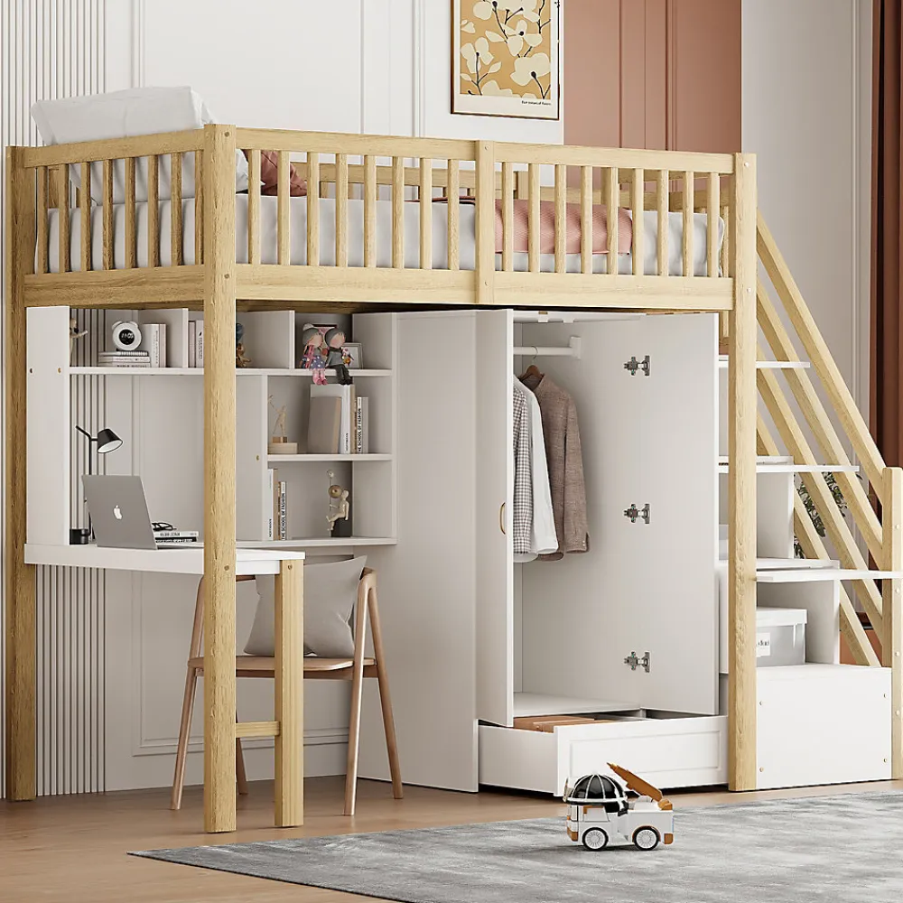 Lit Mezzanine Bois 90x200 cm avec Armoire, Bureau et Escalier de Rangement, Lit Multifonction Blanc - Bois Naturel>Okwish Best