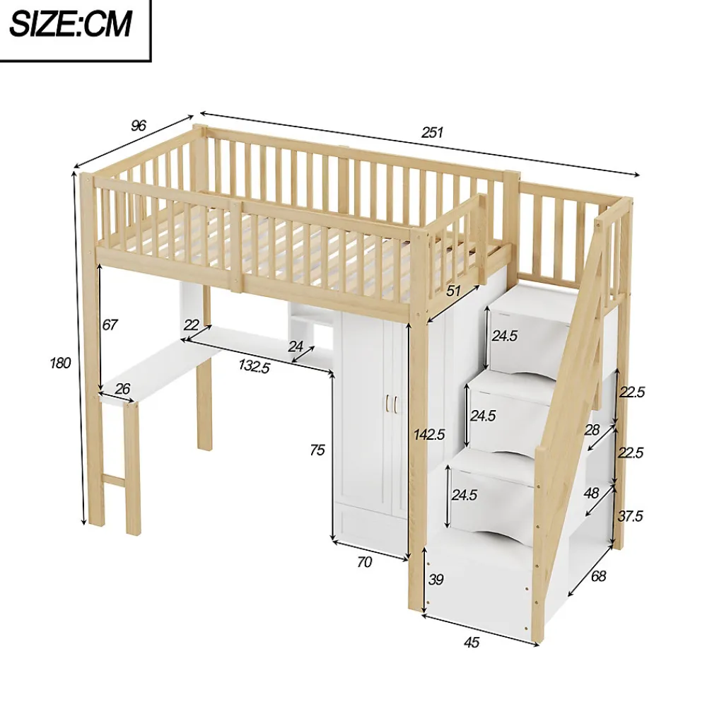 Lit Mezzanine Bois 90x200 cm avec Armoire, Bureau et Escalier de Rangement, Lit Multifonction Blanc - Bois Naturel>Okwish Best