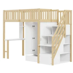 Lit Mezzanine Bois 90x200 cm avec Armoire, Bureau et Escalier de Rangement, Lit Multifonction Blanc - Bois Naturel><noscript><img width=