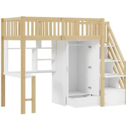 Lit Mezzanine Bois 90x200 cm avec Armoire, Bureau et Escalier de Rangement, Lit Multifonction Blanc - Bois Naturel><noscript><img width=
