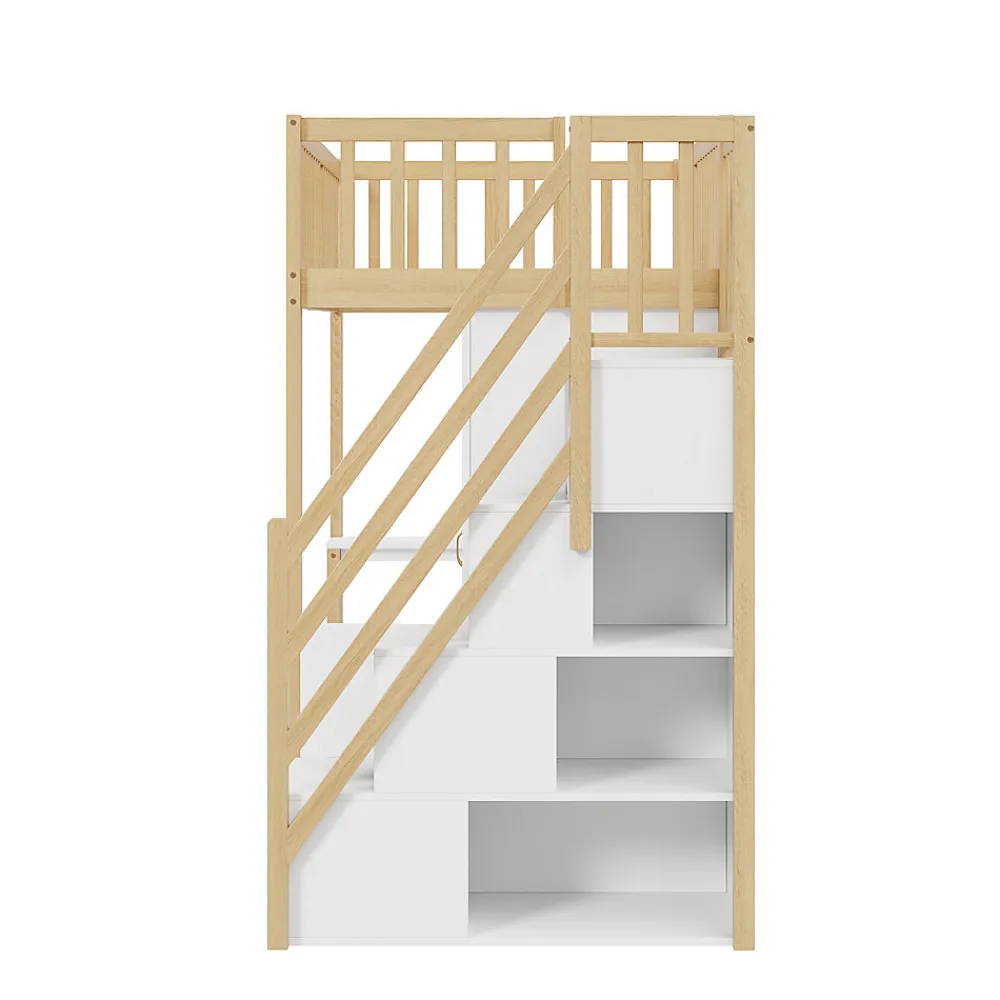Lit Mezzanine Bois 90x200 cm avec Armoire, Bureau et Escalier de Rangement, Lit Multifonction Blanc - Bois Naturel>Okwish Best
