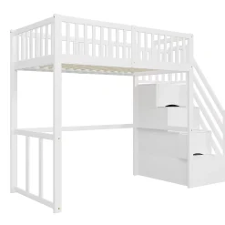 Okwish Lit Mezzanine Bois 90x200 cm enfant avec Escalier Sécurisé et Rangement Intégré - Blanc* Lit Mezzanine