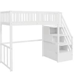 Okwish Lit Mezzanine Bois 90x200 cm enfant avec Escalier Sécurisé et Rangement Intégré - Blanc* Lit Mezzanine