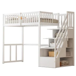 Okwish Lit Mezzanine Bois 90x200 cm enfant avec Escalier Sécurisé et Rangement Intégré - Blanc* Lit Mezzanine