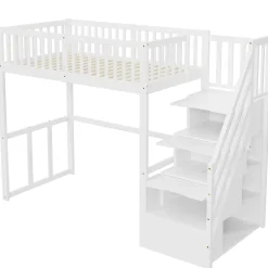 Okwish Lit Mezzanine Bois 90x200 cm enfant avec Escalier Sécurisé et Rangement Intégré - Blanc* Lit Mezzanine
