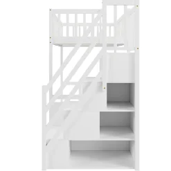 Okwish Lit Mezzanine Bois 90x200 cm enfant avec Escalier Sécurisé et Rangement Intégré - Blanc* Lit Mezzanine