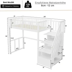 Okwish Lit Mezzanine Bois 90x200 cm enfant avec Escalier Sécurisé et Rangement Intégré - Blanc* Lit Mezzanine