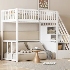 Okwish Lit Mezzanine Bois 90x200 cm enfant avec Escalier Sécurisé et Rangement Intégré - Blanc* Lit Mezzanine