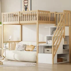 Okwish Lit Mezzanine Bois 90x200 cm enfant avec Escalier Sécurisé et Rangement - Bois Naturel* Lit Mezzanine