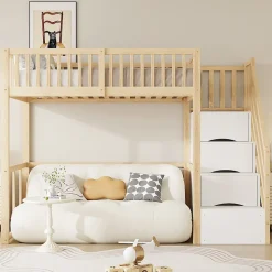 Okwish Lit Mezzanine Bois 90x200 cm enfant avec Escalier Sécurisé et Rangement - Bois Naturel* Lit Mezzanine