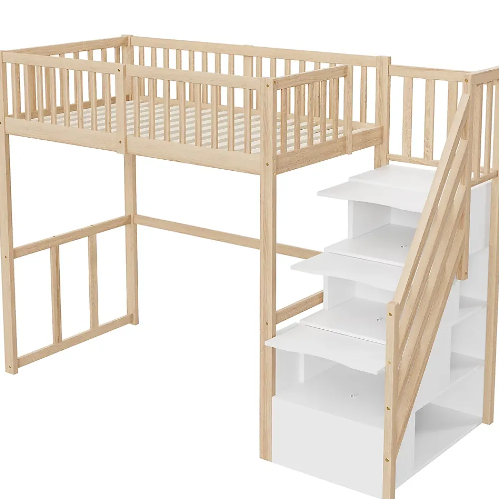 Okwish Lit Mezzanine Bois 90x200 cm enfant avec Escalier Sécurisé et Rangement - Bois Naturel* Lit Mezzanine