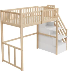 Okwish Lit Mezzanine Bois 90x200 cm enfant avec Escalier Sécurisé et Rangement - Bois Naturel* Lit Mezzanine