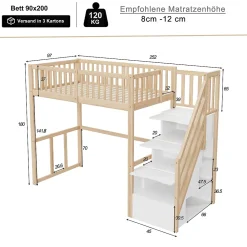 Okwish Lit Mezzanine Bois 90x200 cm enfant avec Escalier Sécurisé et Rangement - Bois Naturel* Lit Mezzanine