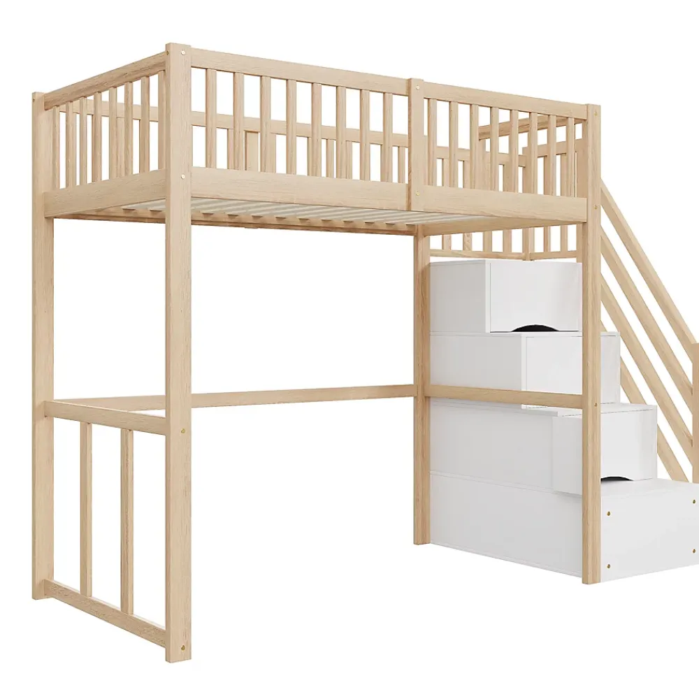 Okwish Lit Mezzanine Bois 90x200 cm enfant avec Escalier Sécurisé et Rangement - Bois Naturel* Lit Mezzanine