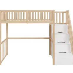 Okwish Lit Mezzanine Bois 90x200 cm enfant avec Escalier Sécurisé et Rangement - Bois Naturel* Lit Mezzanine