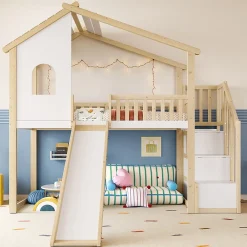 Okwish Lit mezzanine cabane 90x200 cm - Lit avec rangement sous l'escalier et toboggan - Pin naturel - Sans matelas - Blanc et Naturel* Lit Mezzanine