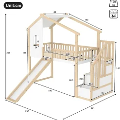 Okwish Lit mezzanine cabane 90x200 cm - Lit avec rangement sous l'escalier et toboggan - Pin naturel - Sans matelas - Blanc et Naturel* Lit Mezzanine