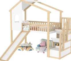 Okwish Lit mezzanine cabane 90x200 cm - Lit avec rangement sous l'escalier et toboggan - Pin naturel - Sans matelas - Blanc et Naturel* Lit Mezzanine
