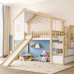 Okwish Lit mezzanine cabane 90x200 cm - Lit avec rangement sous l'escalier et toboggan - Pin naturel - Sans matelas - Blanc et Naturel* Lit Mezzanine