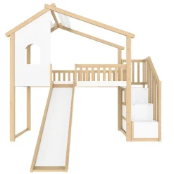Okwish Lit mezzanine cabane 90x200 cm - Lit avec rangement sous l'escalier et toboggan - Pin naturel - Sans matelas - Blanc et Naturel* Lit Mezzanine