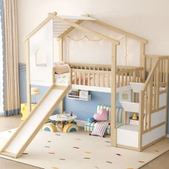 Okwish Lit mezzanine cabane 90x200 cm - Lit avec rangement sous l'escalier et toboggan - Pin naturel - Sans matelas - Blanc et Naturel* Lit Mezzanine