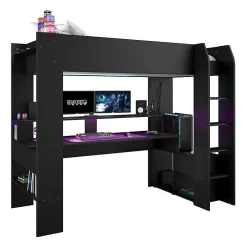 Lit mezzanine combine enfant LED Gamer ONLINE - 90 x 200 cm - Noir mat - Sommier inclus ->Parisot Clearance